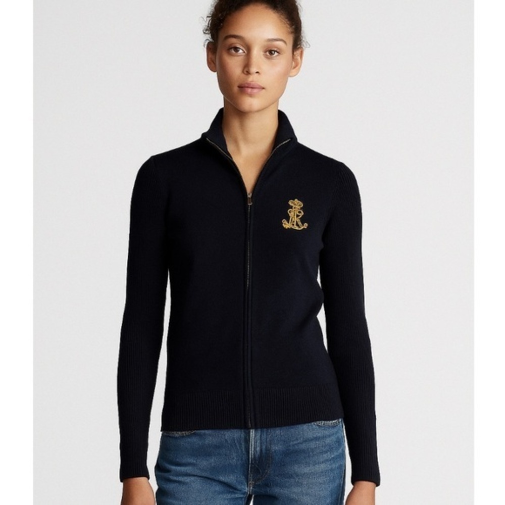 Lauren Ralph Lauren black full-zip cardigan with a gold embroidered logo Sz L